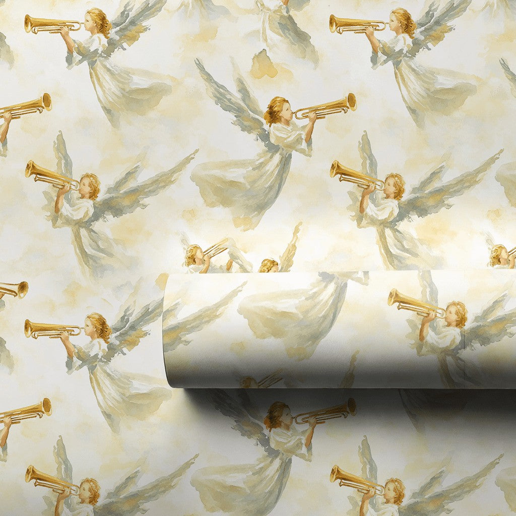 Golden Trumpet Angels Gift Wrap, Watercolor Angel Wrapping Paper, Religious Spiritual Wrapping Paper, Christmas Baptism Prese
