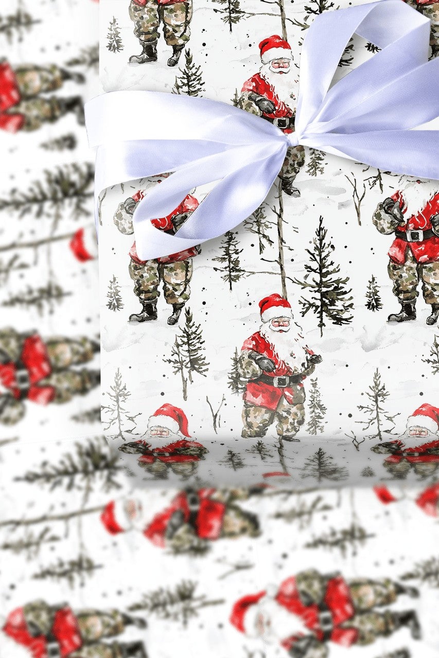 Tactical Santa Claus Gift Wrap, Camo Santa Christmas Wrapping Paper, Military Camouflage Holiday Wrapping Paper