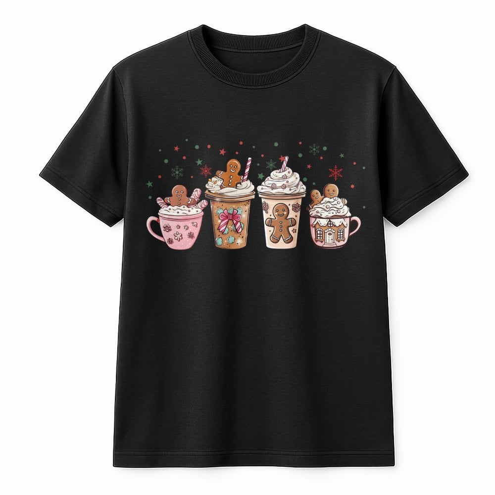 Adorable Holiday Hot Cocoa Graphic Tee, Gingerbread Coffee Christmas T-Shirt, Festive Gingerbread Baker Shirt, Winter Season 