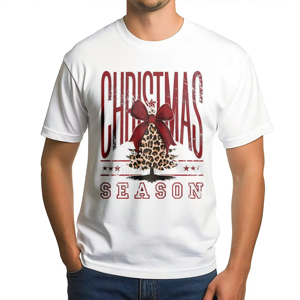 Holiday Bow Graphic Tee, Leopard Print Christmas Tree T-Shirt, Adorable Christmas Season Shirt, Festive Winter Tee, Holiday P