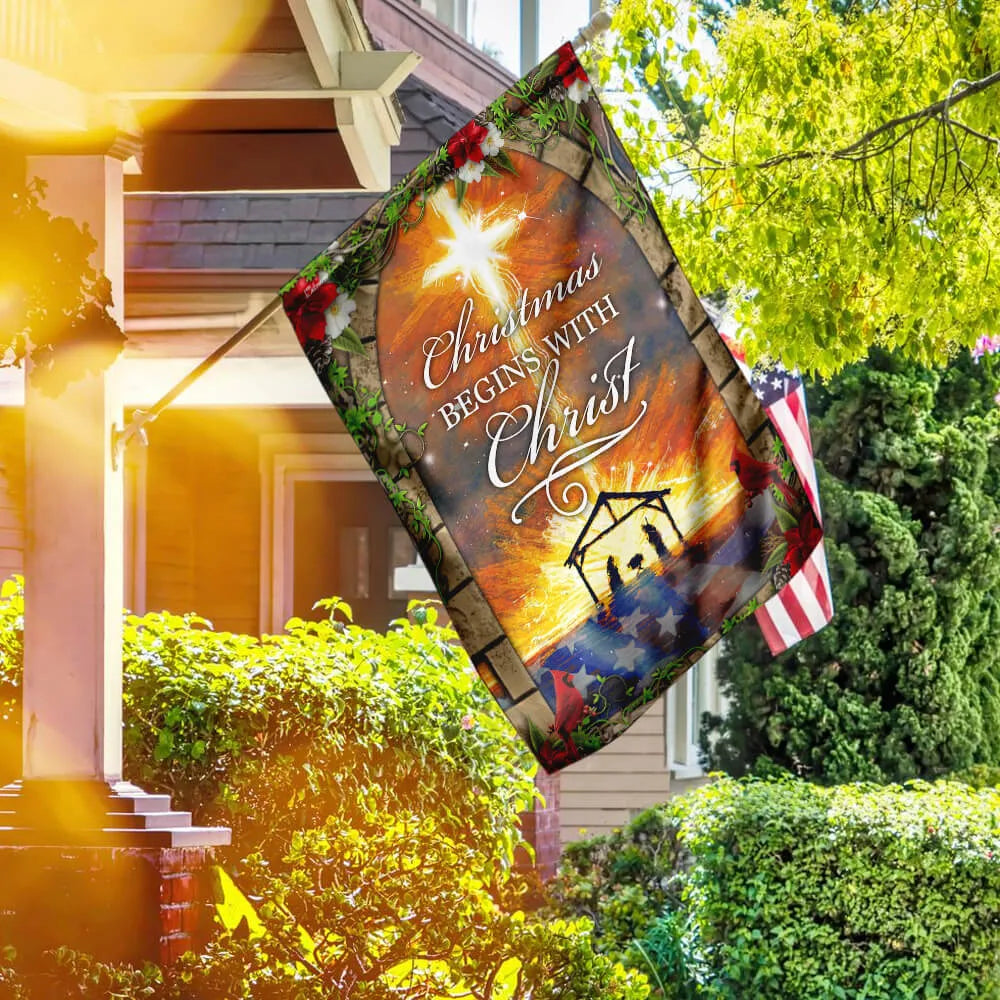 Holy Family Nativity Scene Yard Flag, Christmas Begins with Christ Garden Flag, Double-Sided Christian Christmas Lawn Flag, X