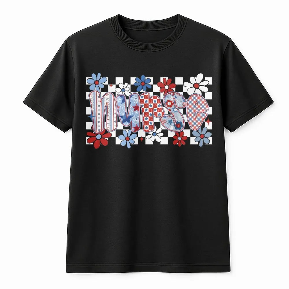 Patriotic Nurse T-Shirt | USA Flag Floral Graphic | Soft Cotton Blend Sweatshirt | 4th of July Gift for Nurse