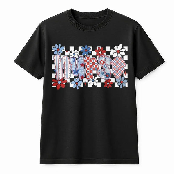 Patriotic Nurse T-Shirt | USA Flag Floral Graphic | Soft Cotton Blend Sweatshirt | 4th of July Gift for Nurse