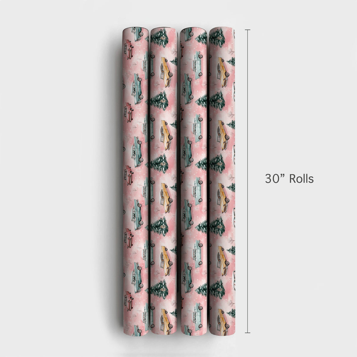 Retro Winter Tree Holiday Wrapping Paper, Vintage Pink Christmas Car Wrapping Paper, Pastel Xmas Gift Wrap Roll, Snowy Season