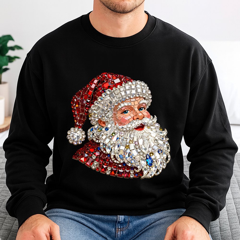 Sparkle Crystal Christmas Crewneck, Jewel Mosaic Santa Sweatshirt, Festive Santa Claus Pullover, Holiday Graphic Sweatshirt, 