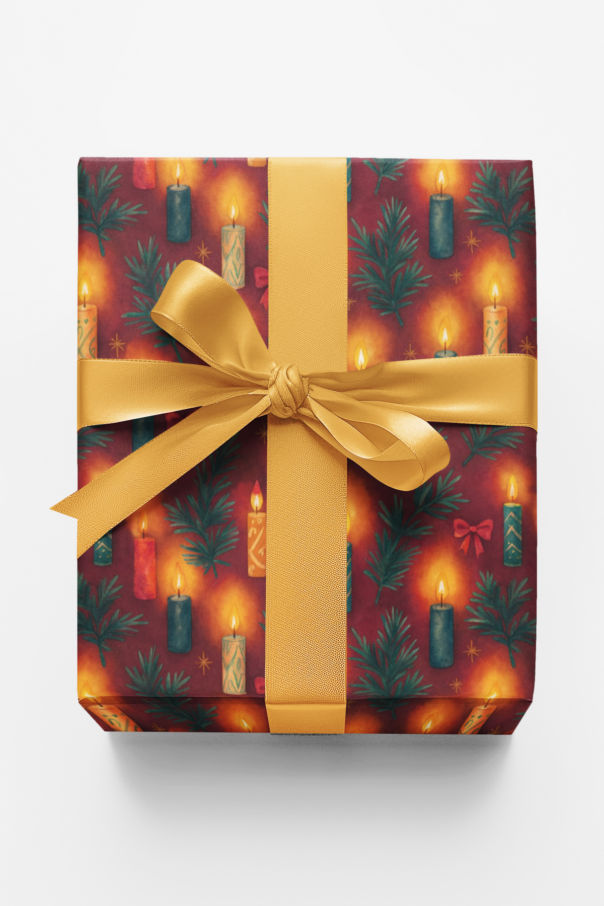 Red and Gold Holiday Gift Wrap, Candlelight Christmas Wrapping Paper, Festive Pine Candle Present Wrap, Winter Xmas Gift Wrap