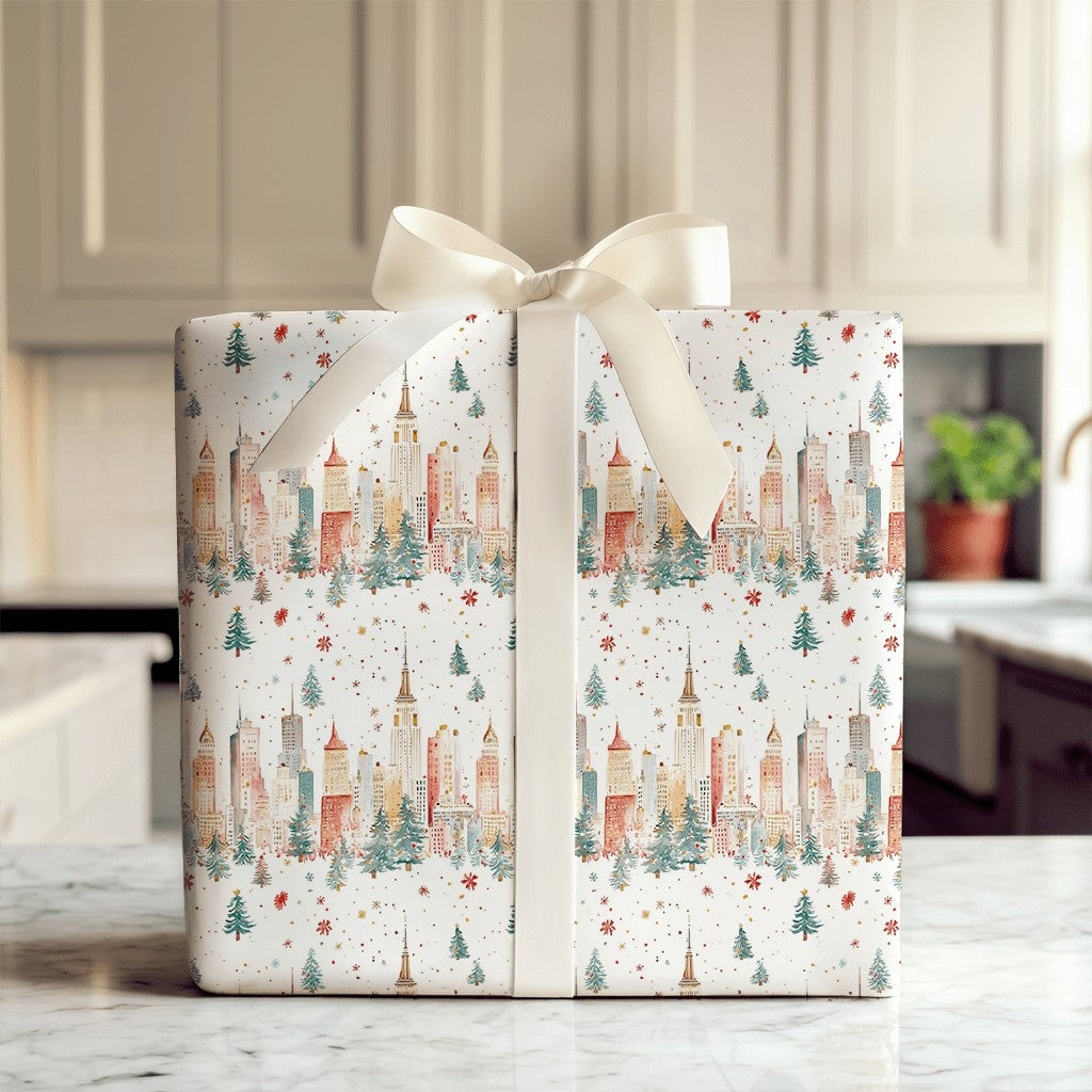 New York Holiday Gift Wrap, NYC Skyline Christmas Wrapping Paper, Watercolor Cityscape Wrapping Paper, Festive Winter Present