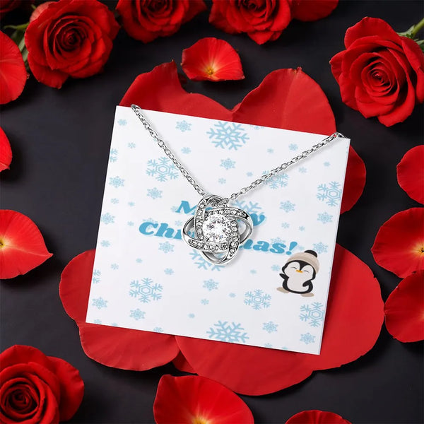 Christmas Love Knot Necklace, Penguin Snowflake Love Knot Necklace, Holiday Message Card Jewelry, Adorable Winter Love Knot P