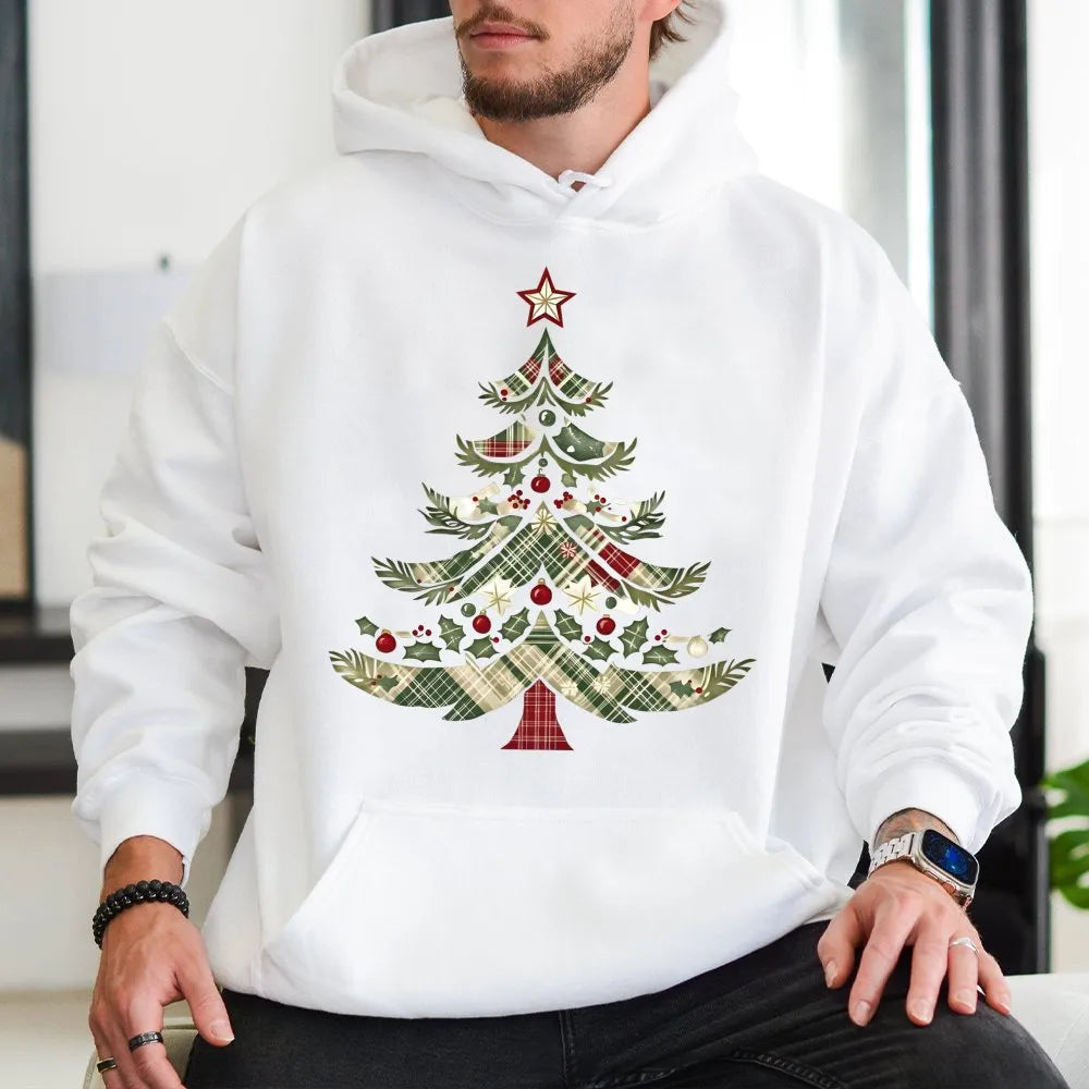 Festive Holiday Graphic Hooded Sweatshirt, Vintage Plaid Christmas Tree Hoodie, Comfy Winter Tree Pullover, Xmas Holiday Seas
