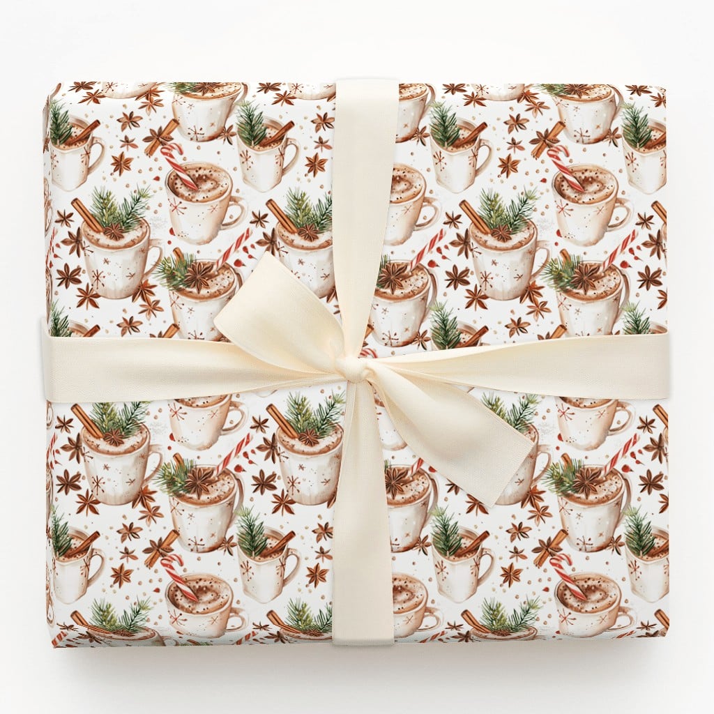 Comfy Winter Mug Gift Wrap, Hot Chocolate Christmas Wrapping Paper, Watercolor Cocoa Holiday Wrapping Paper, Festive Winter P