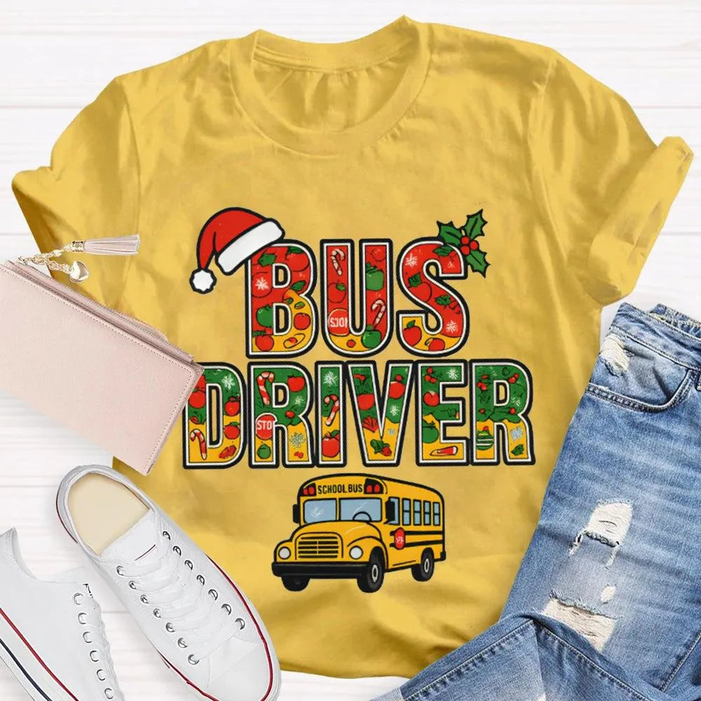 Santa Hat Bus Driver Graphic Tee, School Bus Driver Christmas T-Shirt, Humorous Holiday Driver Shirt, Transportation Staff Xm