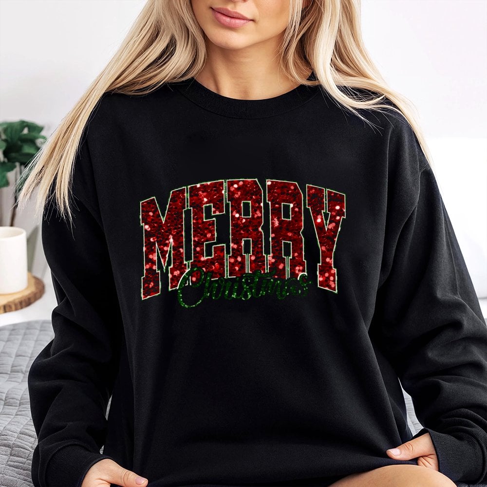 Varsity Lettering Holiday Crewneck, Red Glitter Merry Christmas Sweatshirt, Retro Christmas Sweater, Comfy Pullover, Xmas Pre