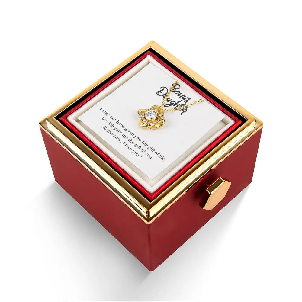 Stepdaughter Love Knot Pendant with Rose Box, Bonus Daughter Love Knot Necklace, CZ Crystal Love Knot Necklace, Birthday Chri