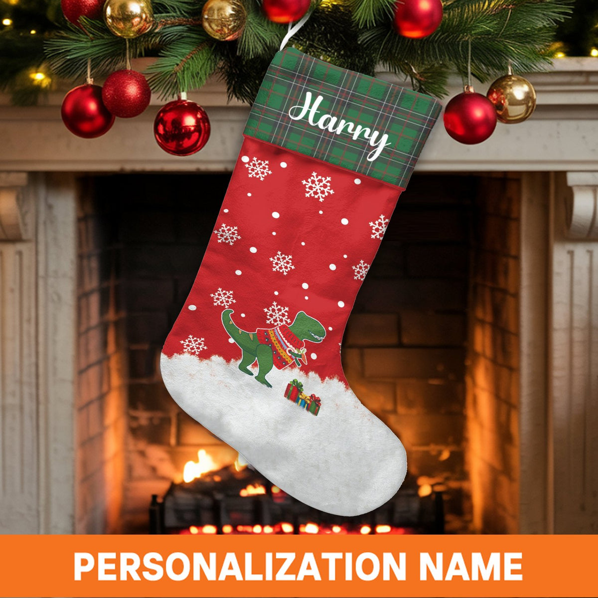 Custom Name T-Rex Holiday Stocking, Personalized Dinosaur Christmas Stocking, Adorable Dino Winter Stocking, Fireplace Decor,