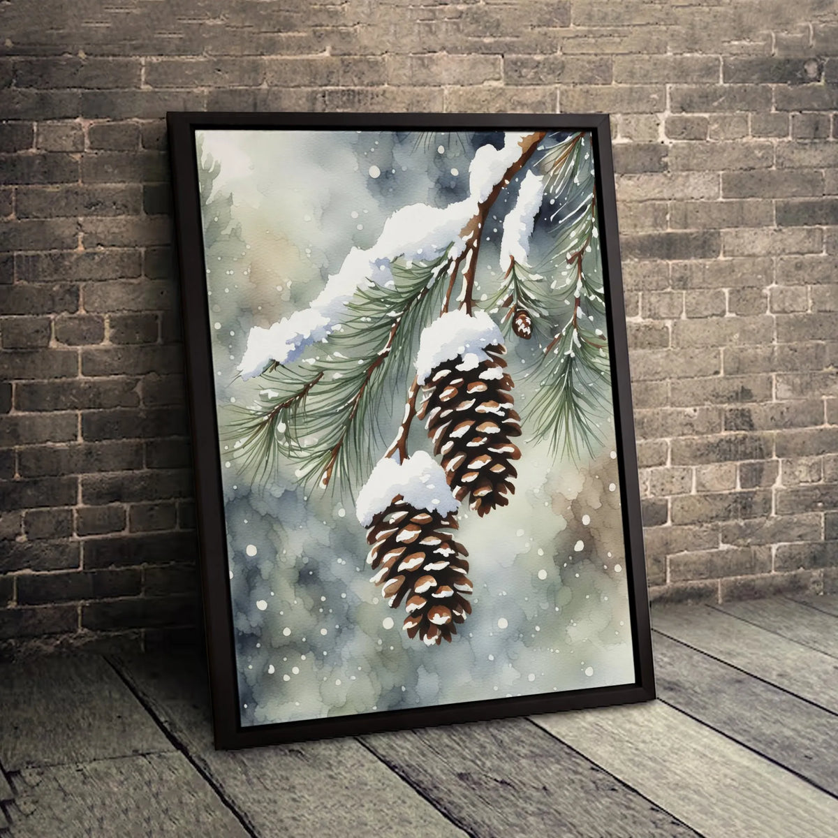 Winter Forest Watercolor Canvas, Snowy Pine Cones Canvas Print, Rustic Pine Cone Canvas Art, Christmas Pinecone Print, Holida