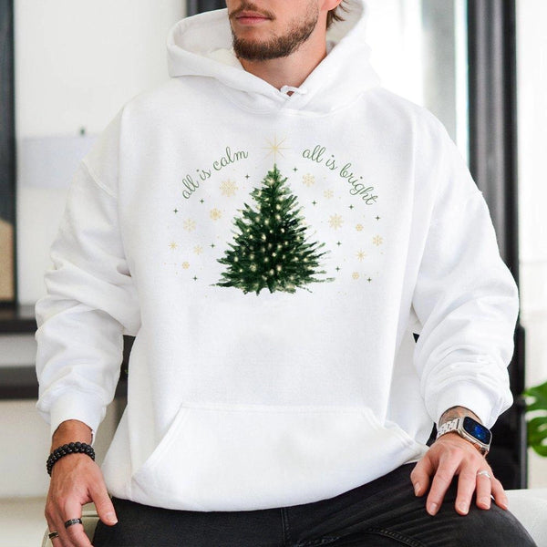 Minimalist Christmas Tree Hooded Sweatshirt, All Is Calm All Is Bright Hoodie, Comfy Holiday Pullover, Winter Graphic Hoodie 