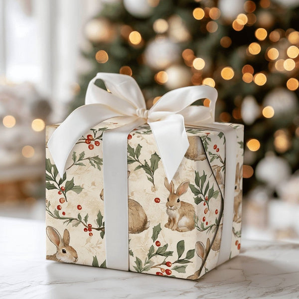 Watercolor Woodland Rabbit Gift Wrap, Vintage Bunny Christmas Wrapping Paper, Holly Berry Wrapping Paper, Rustic Winter Holid