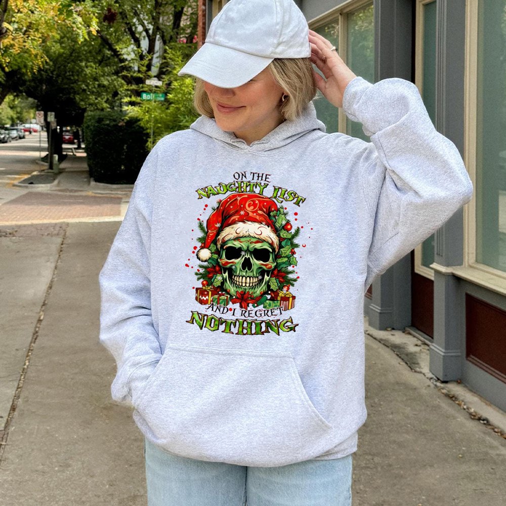 Humorous Grumpy Santa Hooded Sweatshirt, Naughty List Skull Christmas Hoodie, Sarcastic Holiday Skull Hoodie, Dark Humor Xmas