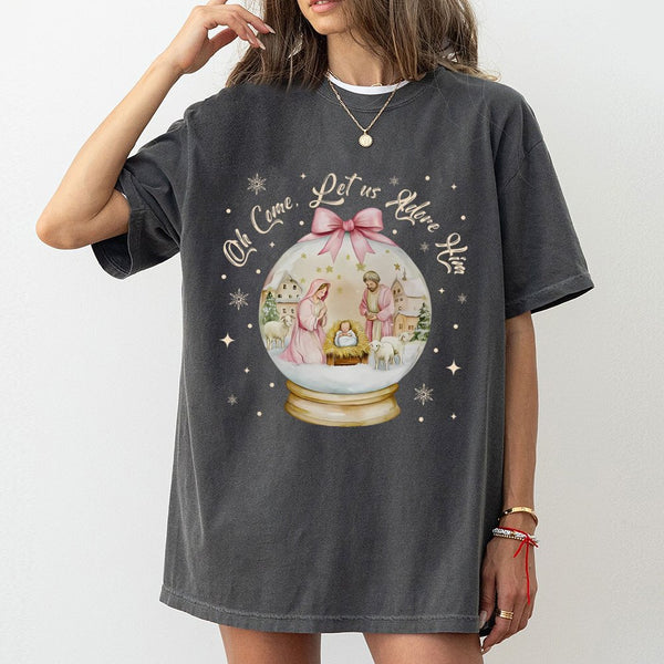 Nativity Christmas T-Shirt, Oh Come Let Us Adore Him Shirt, Snow Globe Christian Graphic Tee, Religious Holiday Shirt, Faith 