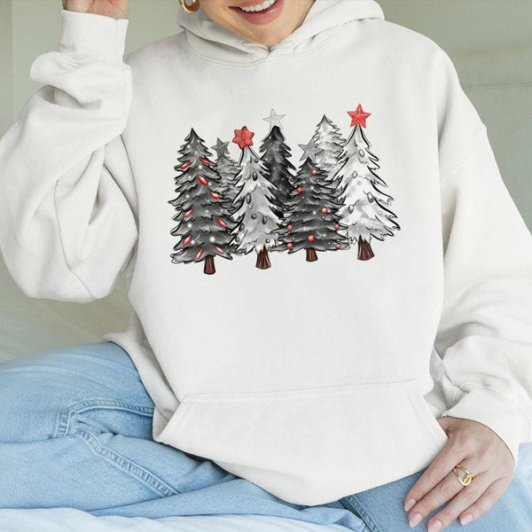 Watercolor Festive Forest Hooded Sweatshirt, Christmas Tree Hoodie, Holiday Winter Pine Tree Pullover, Comfy Xmas Graphic Hoo