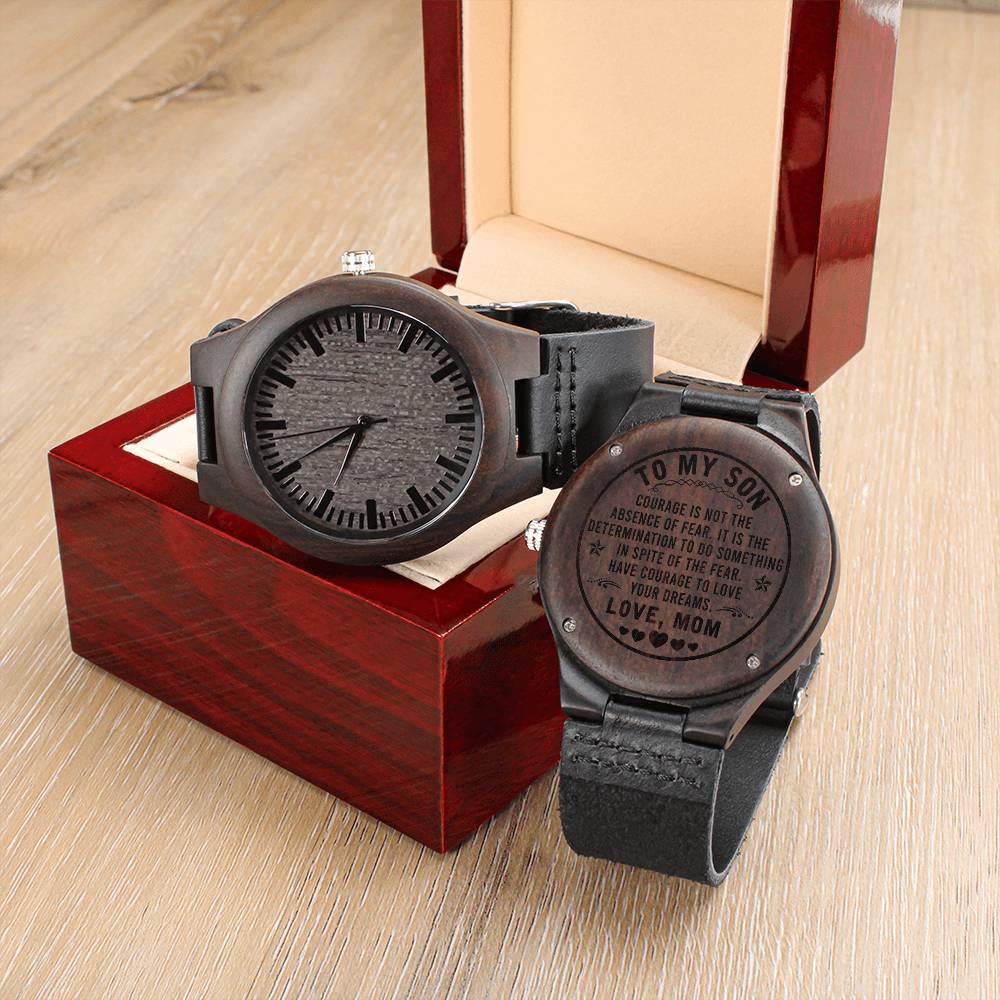 Sandalwood Watch, Courage Quote Engraved Wooden Watch for Son, Genuine Leather Band Wood Wristwatch, Birthday Christmas Prese