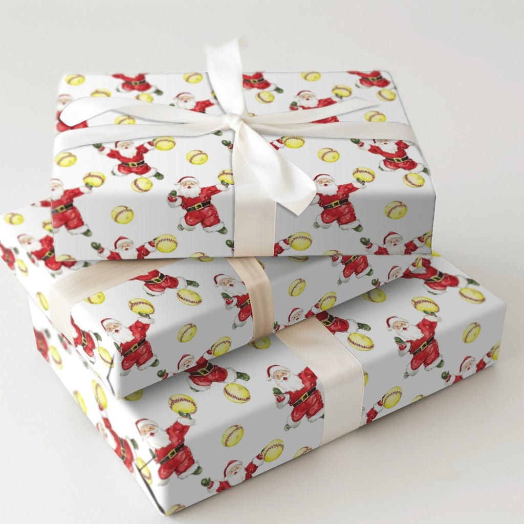 Sports Santa Holiday Gift Wrap Roll, Pitching Santa Softball Christmas Wrapping Paper, Fastpitch Present Paper, Athlete Gift 