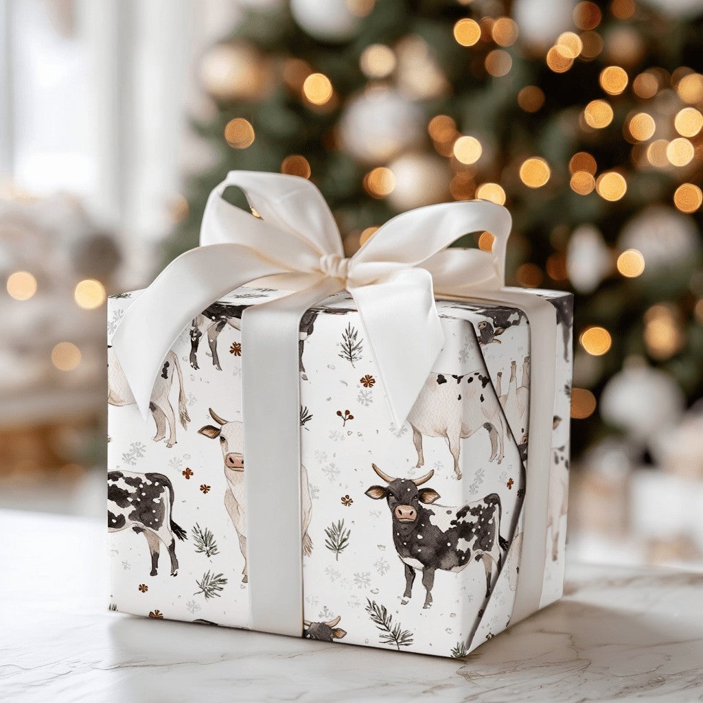Black and White Cow Gift Wrap, Farmhouse Cow Christmas Wrapping Paper, Winter Holly Wrapping Paper, Rustic Farm Animal Holida