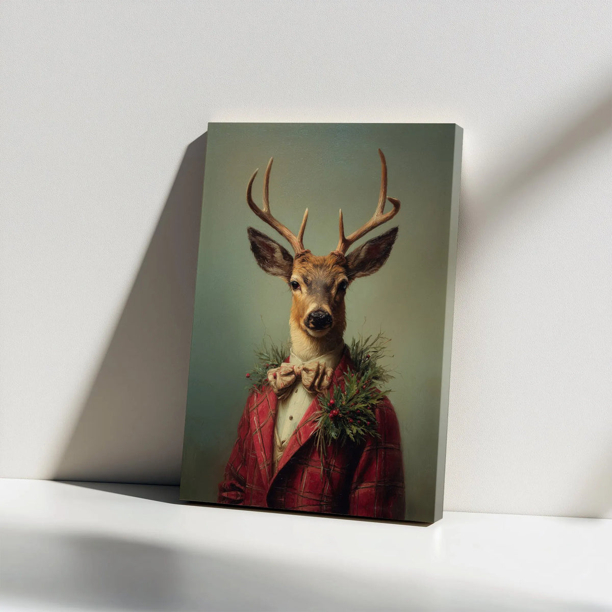 Vintage Christmas Buck Portrait Print, Dapper Deer Red Plaid Suit Canvas Wall Art, Rustic Holiday Lodge Decor, Winter Cabin P