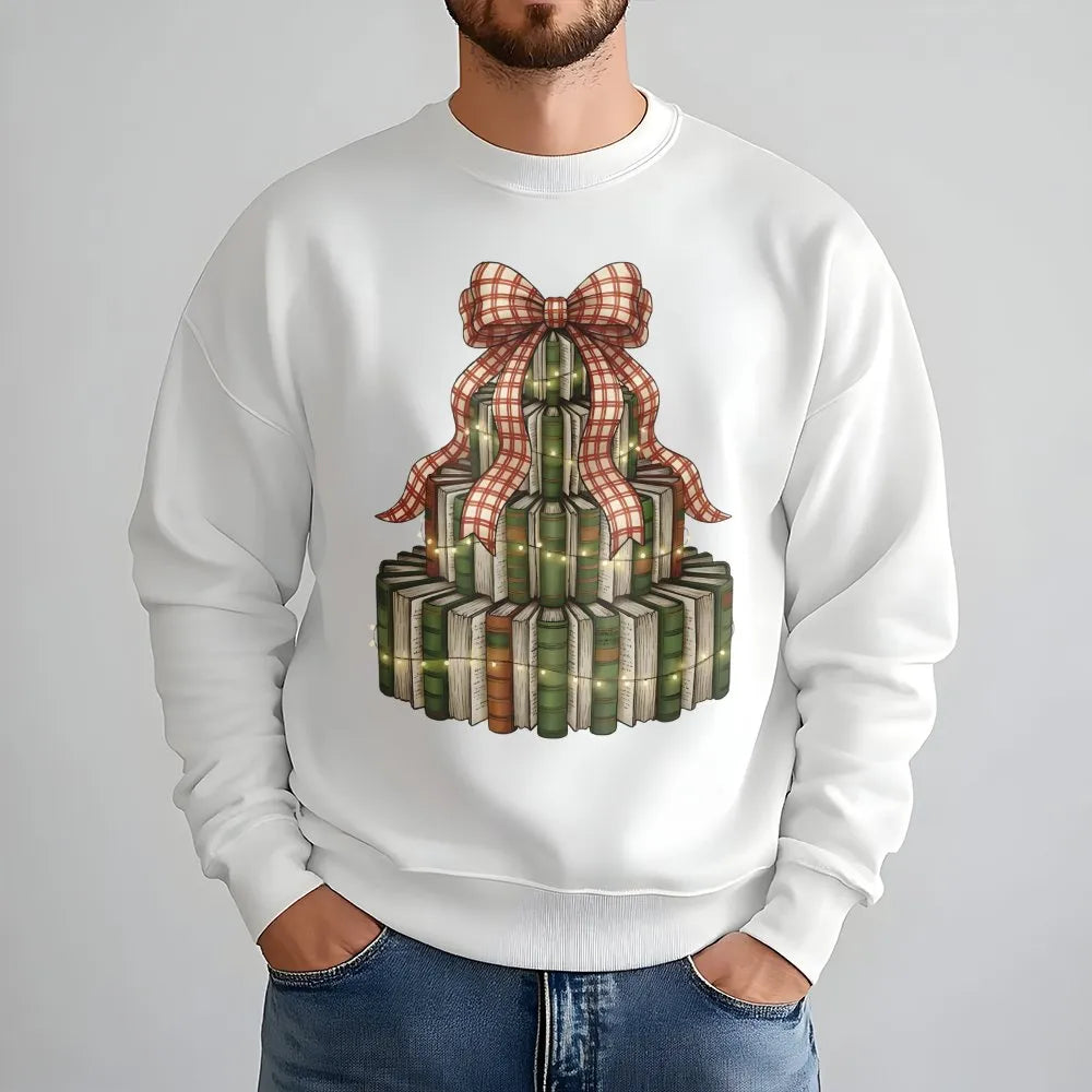 Retro Librarian Holiday Sweater, Christmas Book Tree Sweatshirt, Book Lover Xmas Crewneck, Reading Teacher Present Pullover