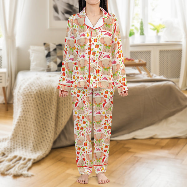 Adorable Santa Hat Pajama Set, Christmas Elephant Satin Pajama Set, Holiday Animal Loungewear, Silky Long Sleeve Pajama Set, 