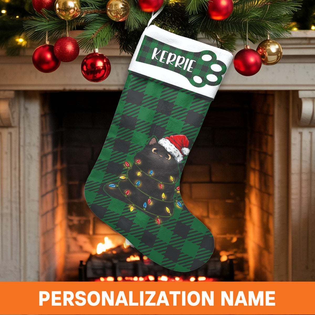 Green Plaid Cat Holiday Stocking, Personalized Black Cat Christmas Stocking, Custom Pet Christmas Stocking, Velboa Kitten Xma