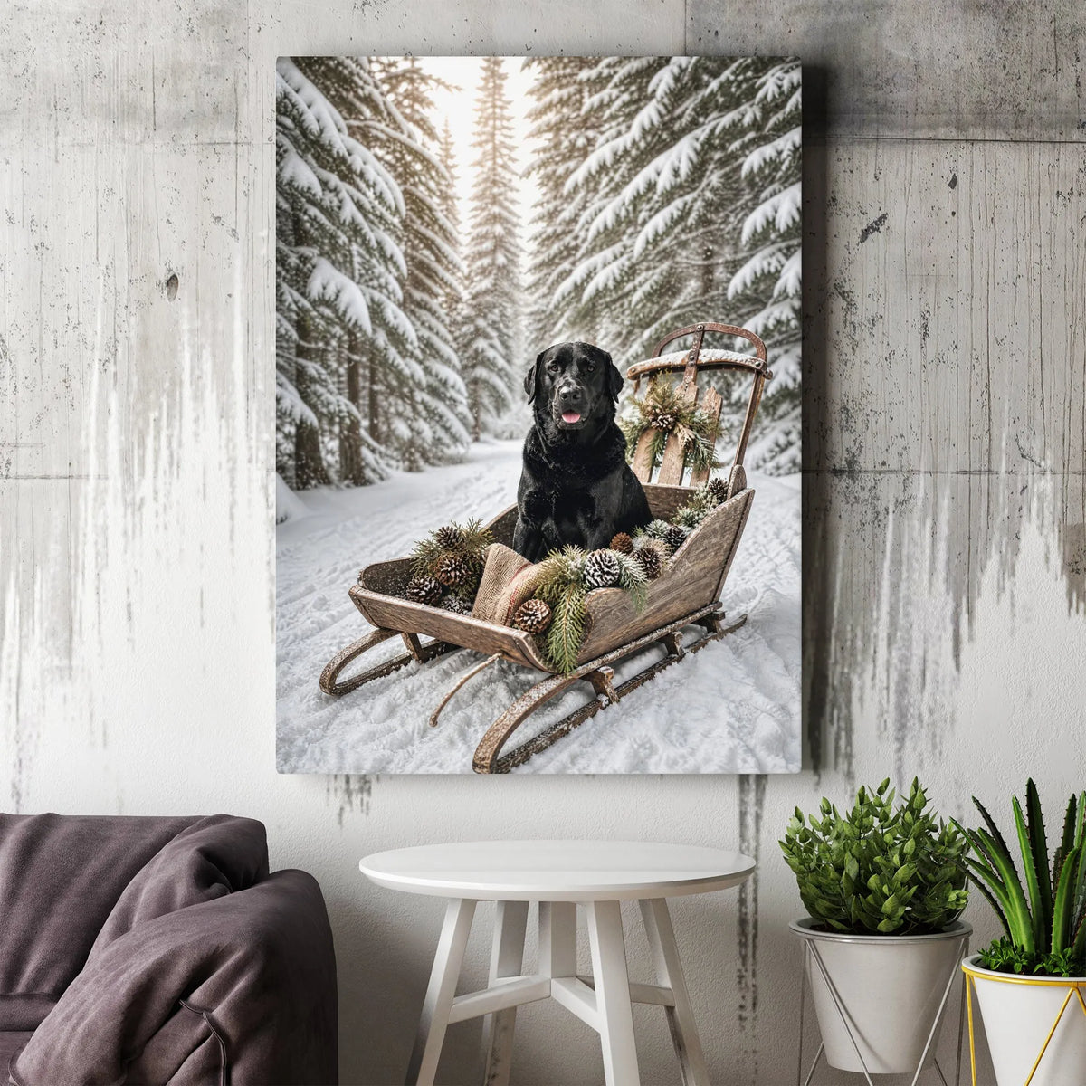 Snowy Forest Dog Portrait Print, Black Lab Winter Sled Canvas, Rustic Holiday Wall Canvas, Christmas Labrador Canvas Art, Dog