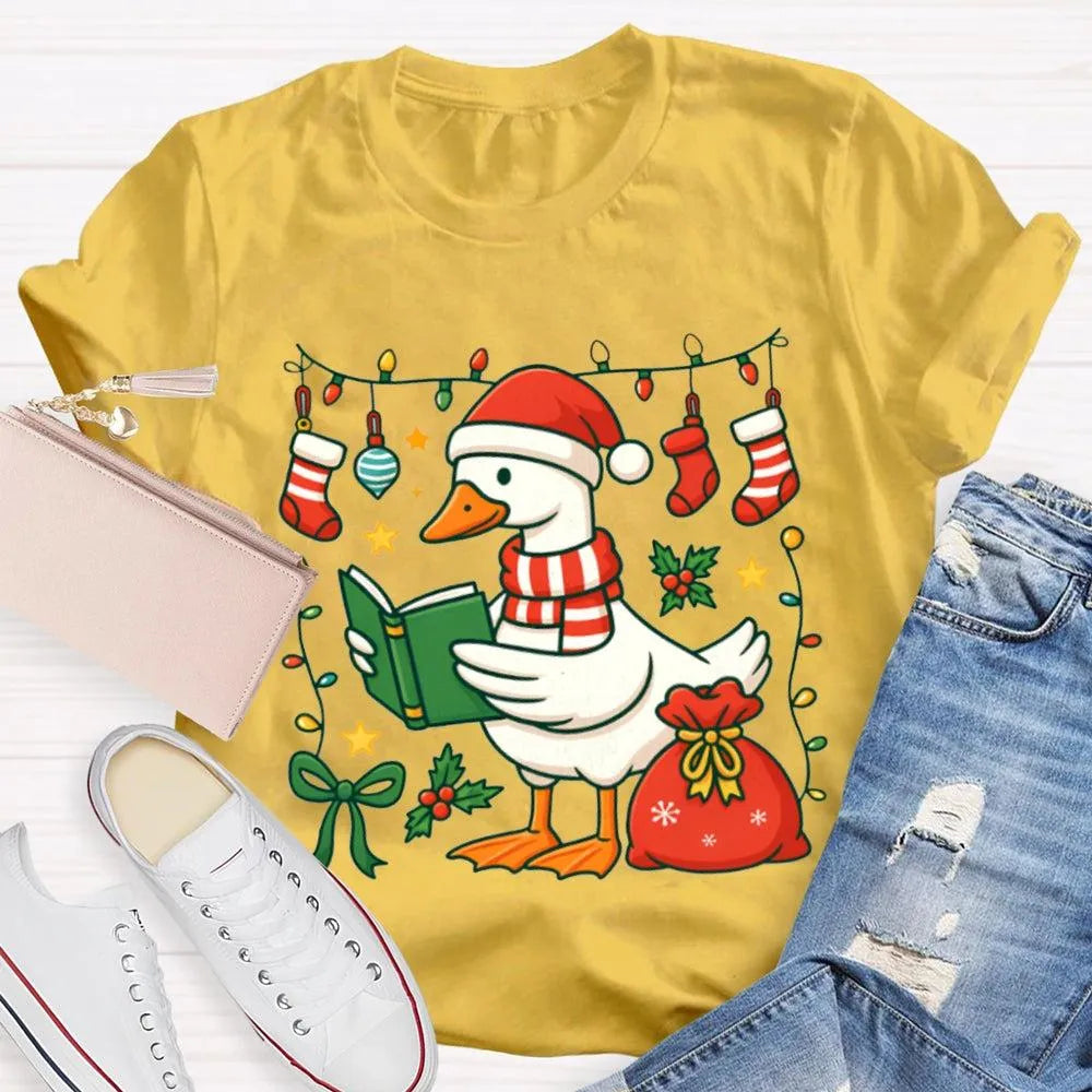 Humorous Holiday Bookworm Goose Shirt, Christmas Goose Reading Book T-Shirt, Adorable Winter Reading Tee, Book Lover Christma