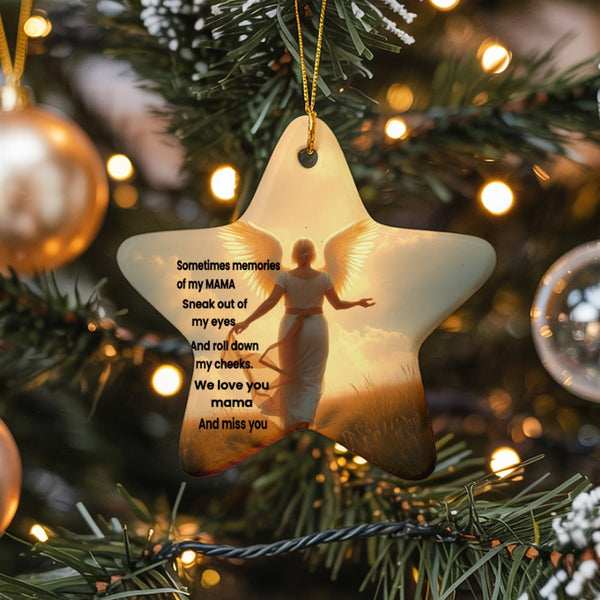 Mom Remembrance Keepsake, Angel Wings Memorial Star Ornament, Sympathy Ceramic Star Ornament, Bereavement Present, Christmas 