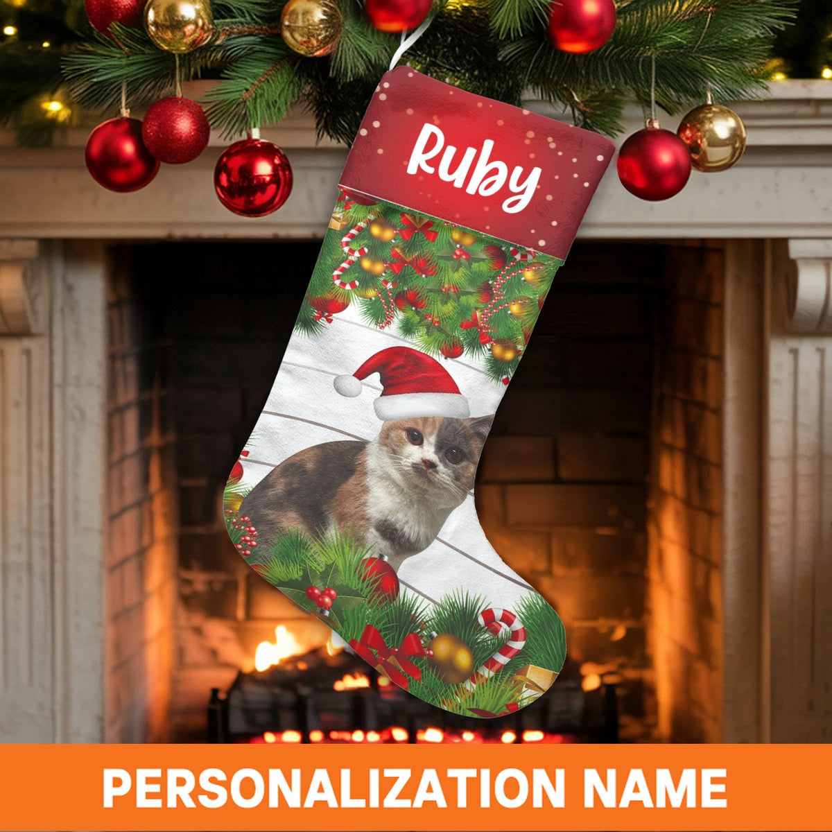 Custom Name Pet Holiday Stocking, Personalized Cat Christmas Stocking, Adorable Kitty Christmas Stocking, Pet Lover Fireplace