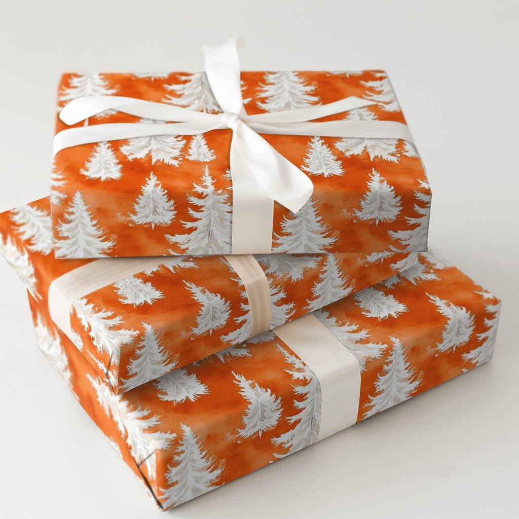 Orange Watercolor Gift Wrap, Pine Tree Christmas Wrapping Paper, Winter Forest Wrapping Paper, Modern Holiday Present Paper R