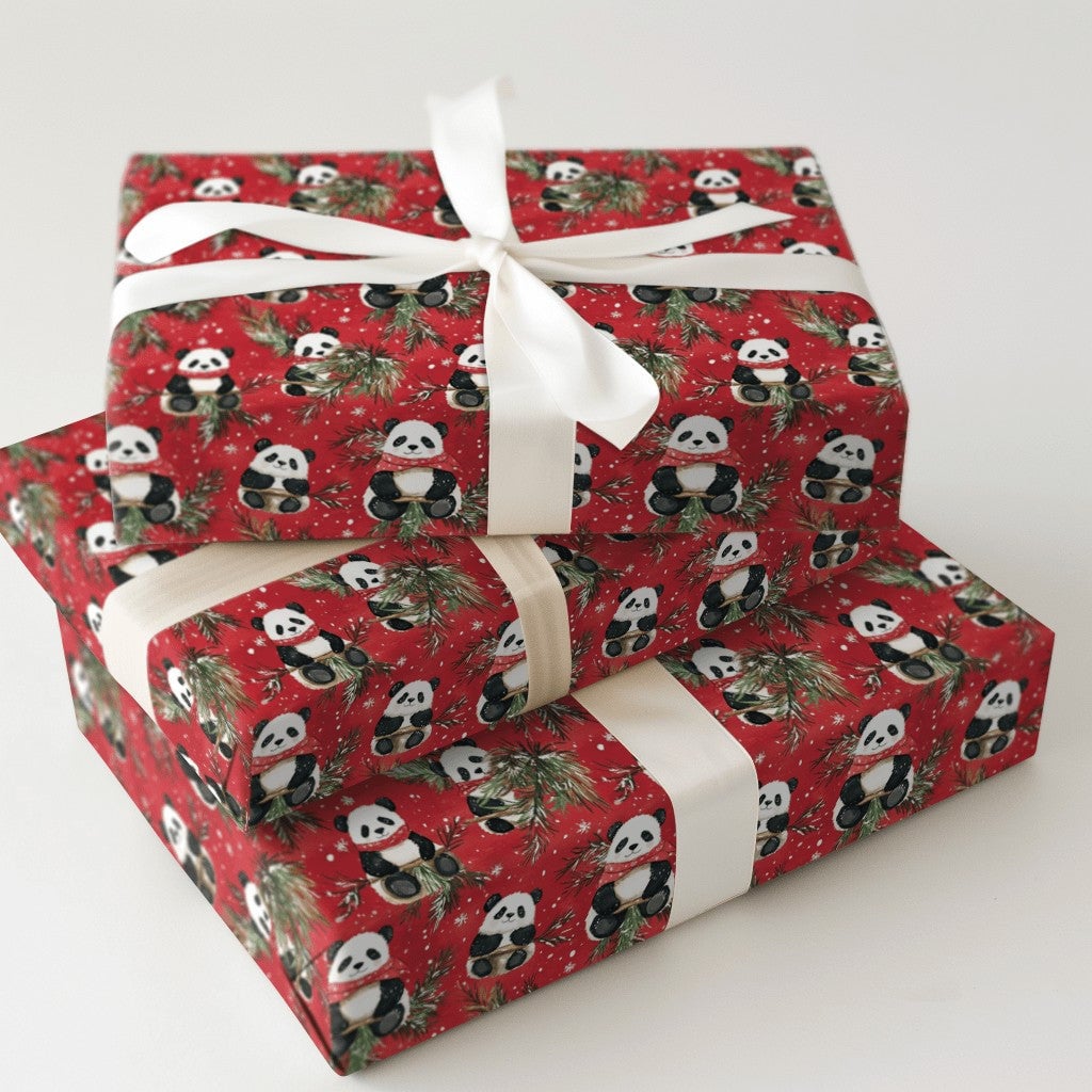 Scarf Panda Bear Holiday Gift Wrap, Red Christmas Panda Wrapping Paper, Adorable Winter Panda Wrapping Paper, Festive Animal 