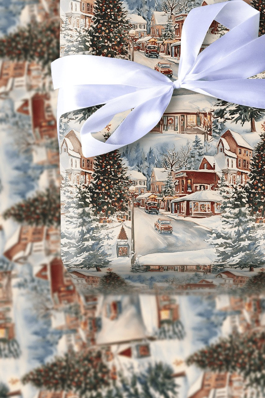 Snowy Town Storefronts Holiday Gift Wrap, Vintage Christmas Village Wrapping Paper, Nostalgic Xmas Wrapping Paper, Festive Wi