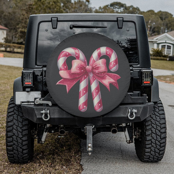 Pink Holiday Bow Tire Cover, Candy Cane Christmas Spare Tire Cover, Festive Xmas Wheel Cover, Waterproof RV Tire Cover, SUV P