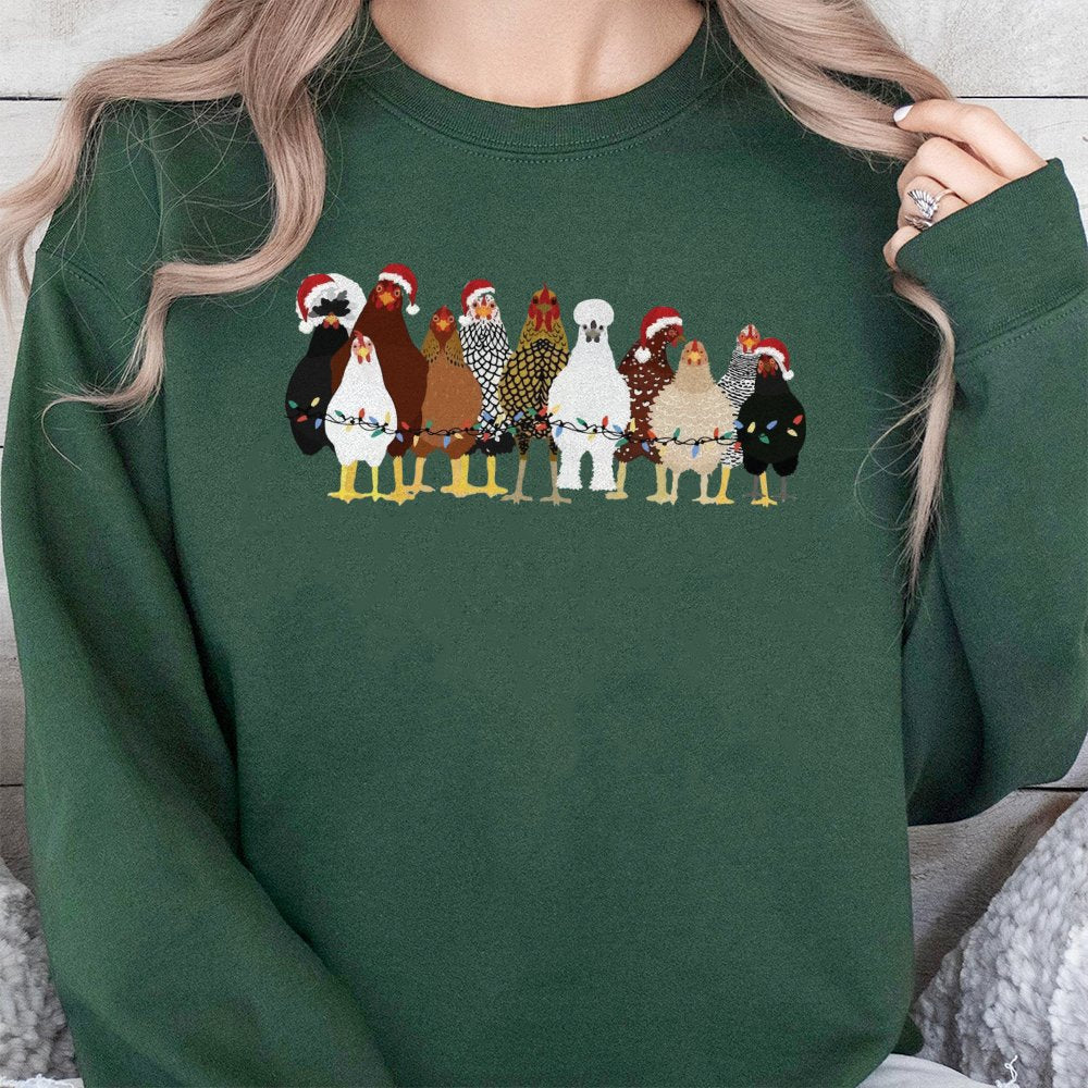 Festive Farm Animal Holiday Lights Graphic Crewneck, Christmas Chicken Sweatshirt, Adorable Winter Pullover, Chicken Lover Pr