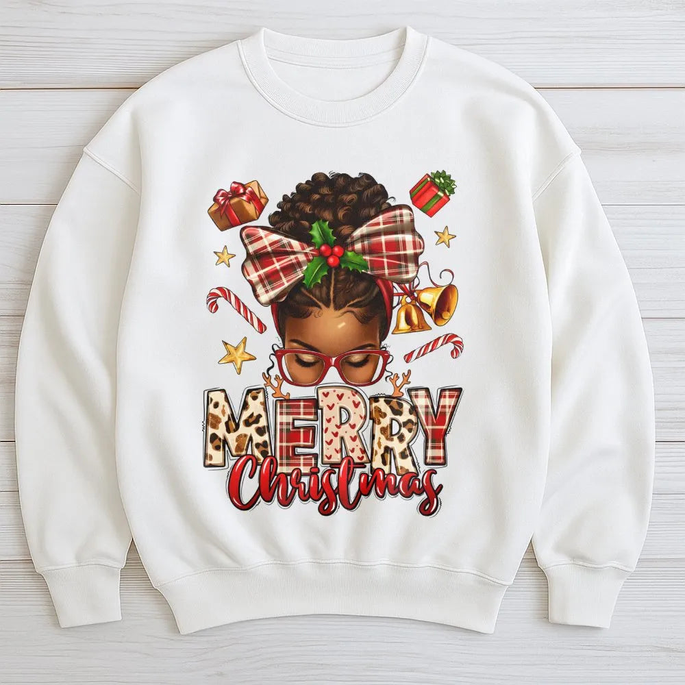 African American Holiday Sweatshirt, Afrocentric Merry Christmas Sweatshirt, Melanin Queen Plaid Bow Sweater, Black Woman Xma