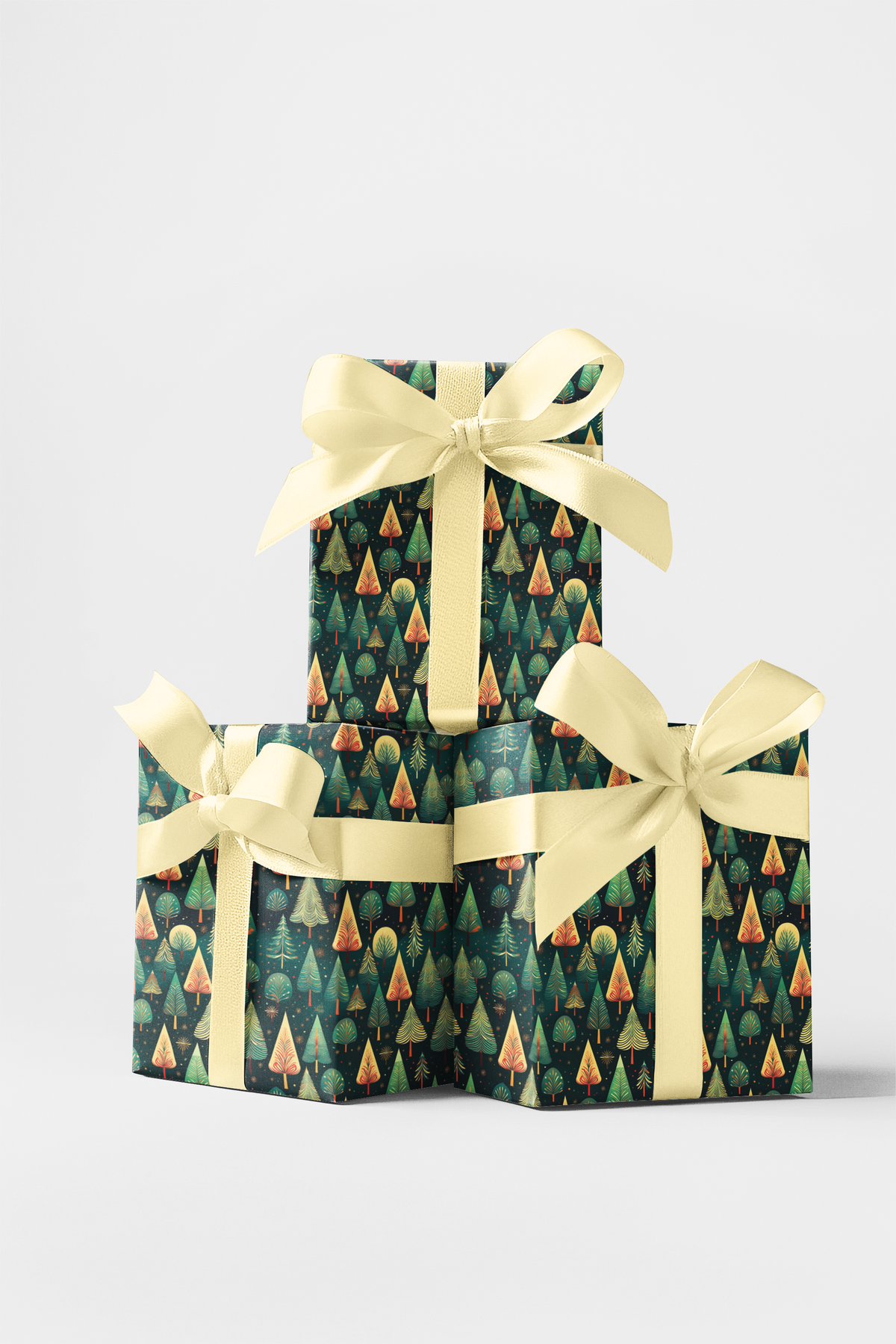 Winter Pine Forest Gift Wrap Roll, Geometric Christmas Wrapping Paper, Modern Evergreen Holiday Gift Wrap, Teal Gold Festive 