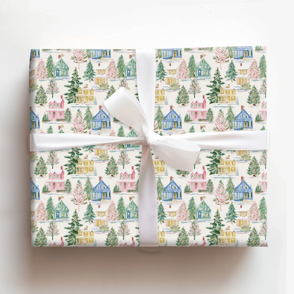 Winter Village Holiday Gift Wrap, Watercolor Christmas Wrapping Paper, Festive Xmas Gift Wrap Paper, Seasonal Present Wrappin