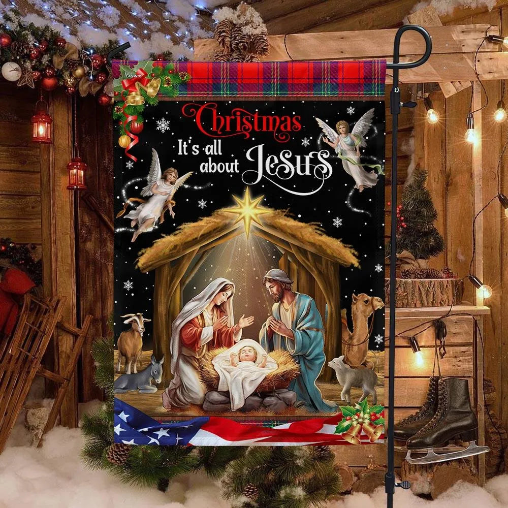 It's All About Jesus Yard Flag, Christmas Nativity Garden Flag, Holy Family Religious Christmas Flag, Double Sided Holiday De