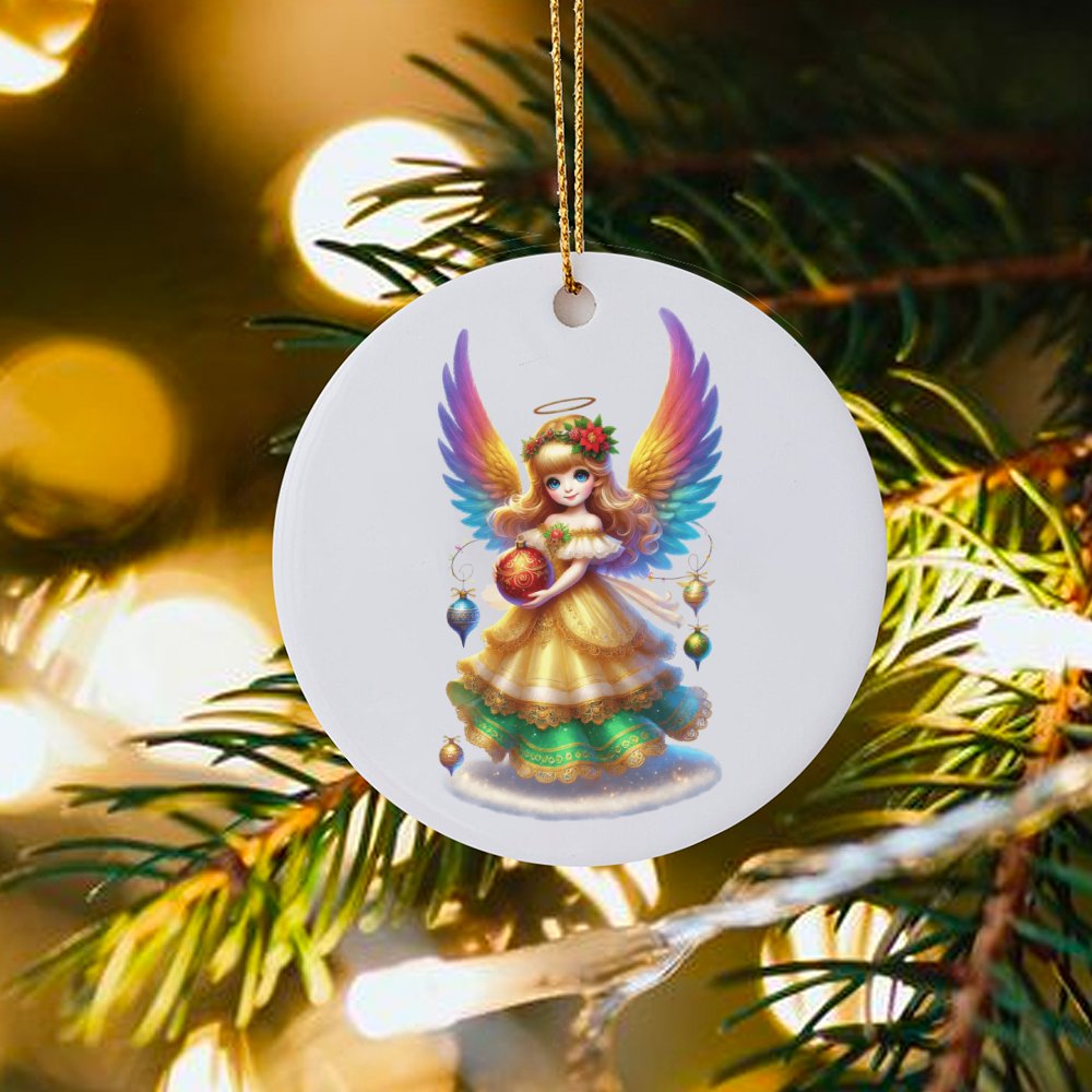 Adorable Ceramic Angel Tree Ornament, Rainbow Wings Angel Christmas Ornament, Colorful Wing Keepsake, Festive Xmas Tree Circl