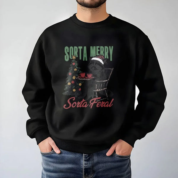 Humorous Christmas Animal Sweatshirt, Sorta Merry Sorta Feral Raccoon Sweatshirt, Sarcastic Holiday Crewneck, Winter Trash Pa