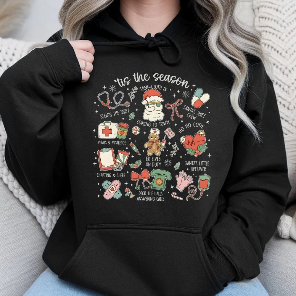 Adorable Holiday Medical Icons Hoodie, Nurse Christmas Hoodie, RN LPN CNA Winter Hoodie, Healthcare Worker Hooded Sweatshirt,