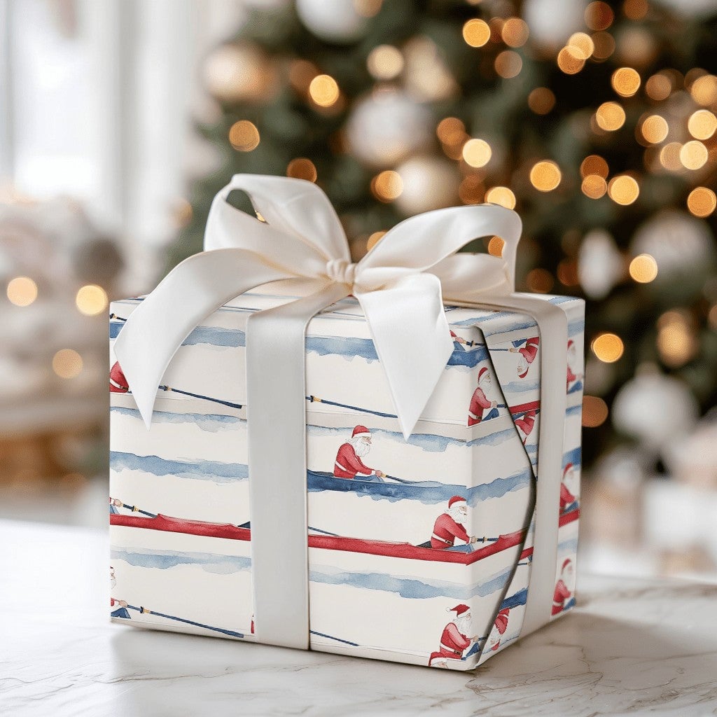 Crew Rower Scull Holiday Gift Wrap, Rowing Santa Wrapping Paper, Watercolor Sports Santa Paper, Christmas Regatta Wrapping Pa