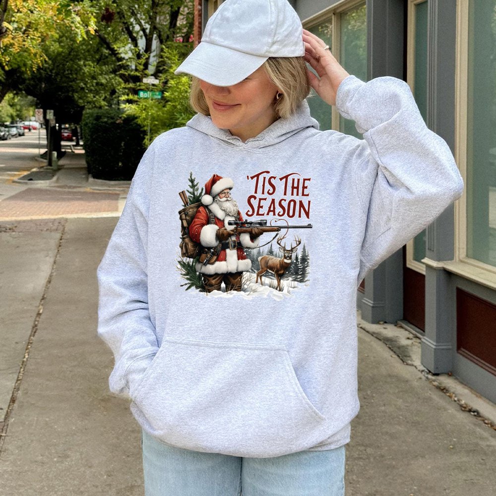 Humorous Deer Rifle Graphic Sweatshirt, Tis the Season Santa Hunting Hoodie, Retro Hunting Christmas Hooded Sweater, Hunter G