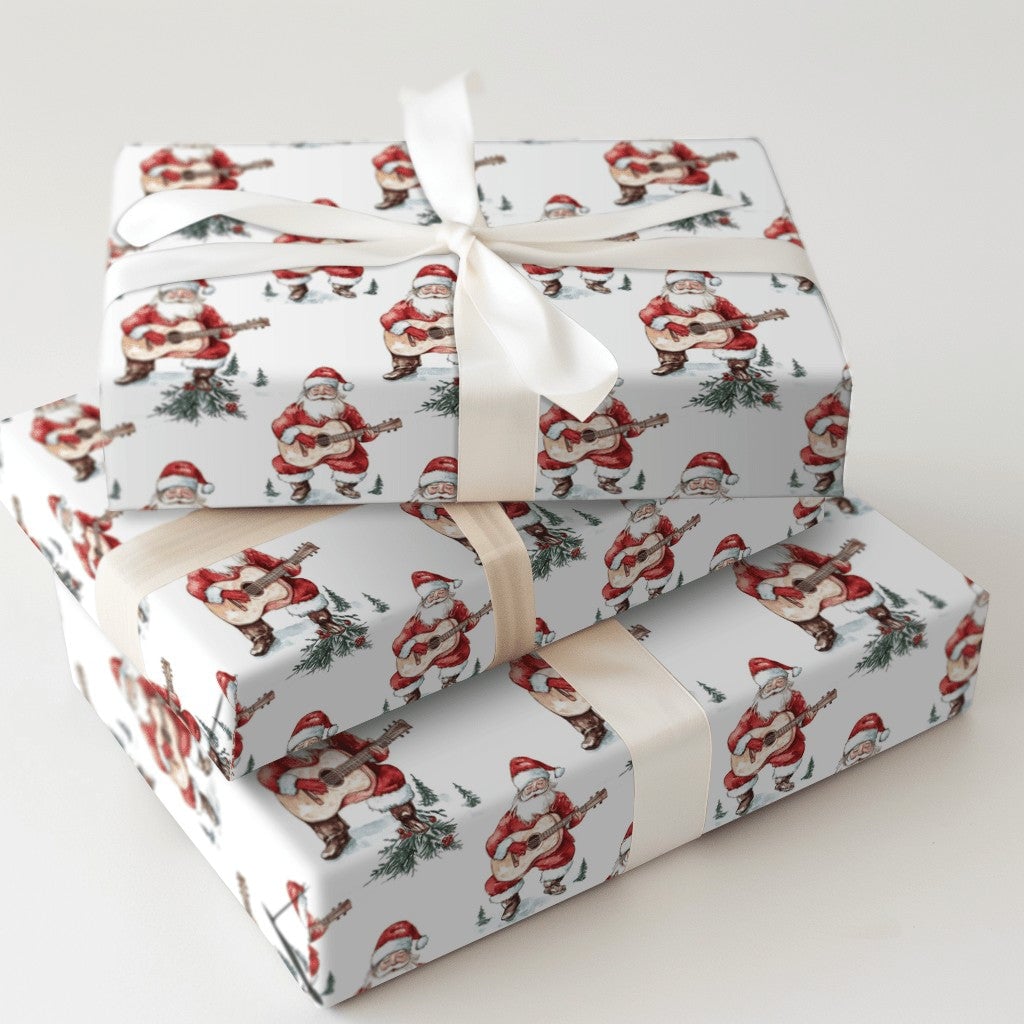 Acoustic Guitar Santa Wrapping Paper, Watercolor Santa Guitar Wrapping Paper, Musician Christmas Wrapping Paper, Holiday Gift